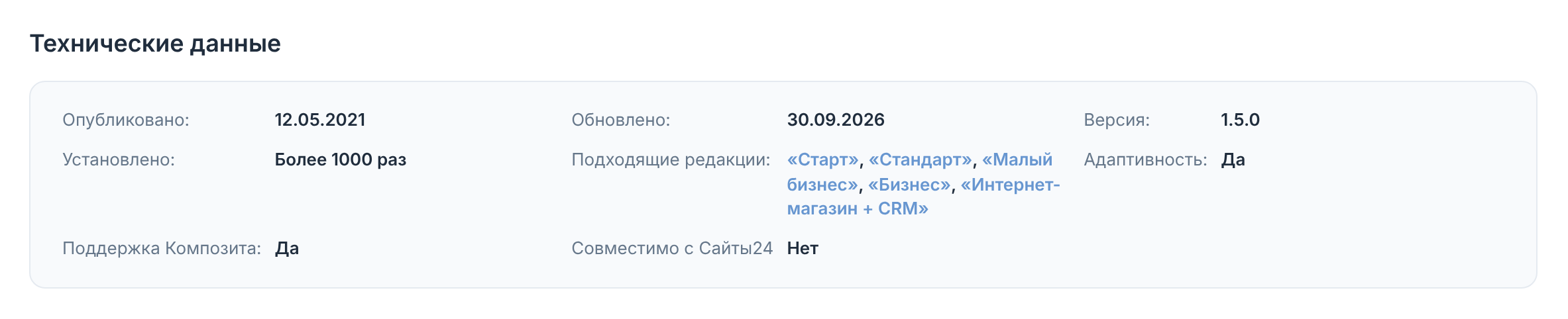 Технические данные готового решения в Маркетплейсе 1С-Битрикс: дата обновления, число установок, подходящие редакции